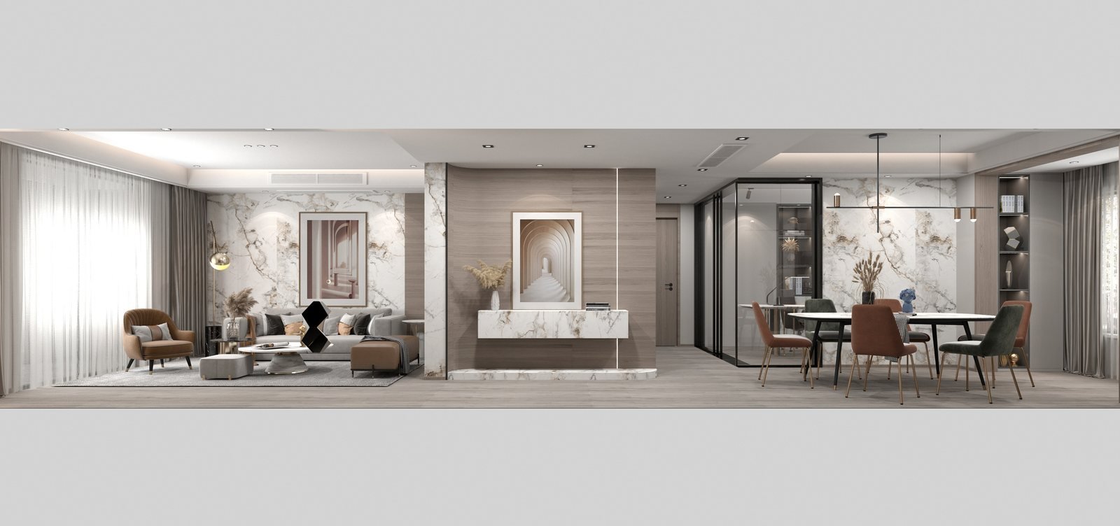 Marble-effect sintered stone in a living and dining interior